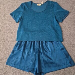Vintage Victoria's Secret Y2K Lounge Set Blue Textured Top Satin Shorts M